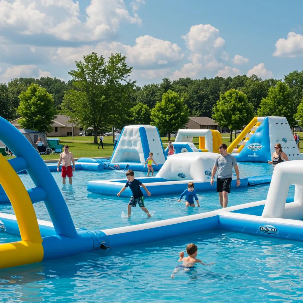 Family enjoying water park activities at a Michigan campground, highlighting kid-friendly adventures