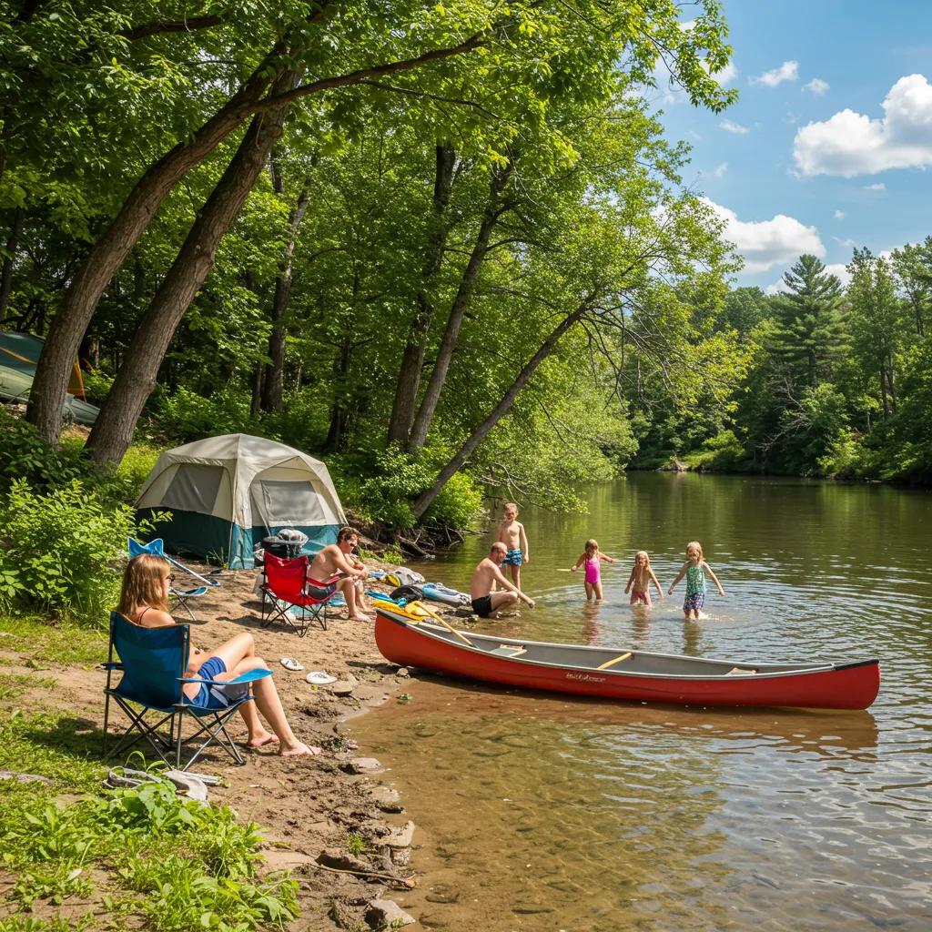 Family enjoying waterfront camping at a scenic river in Michigan, showcasing outdoor fun and natural beauty