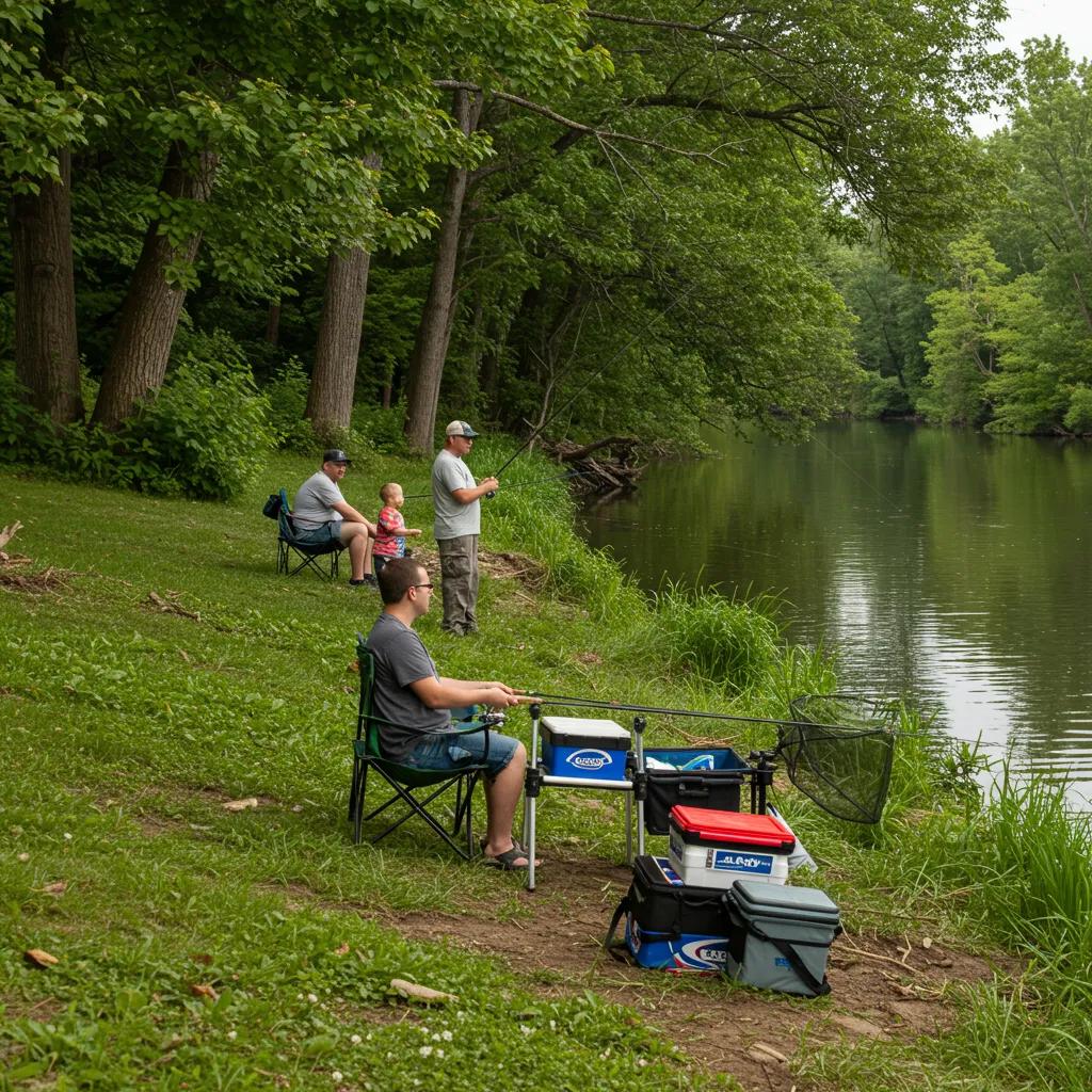 Family fishing along the scenic Shiawassee River, showcasing local fish and natural beauty