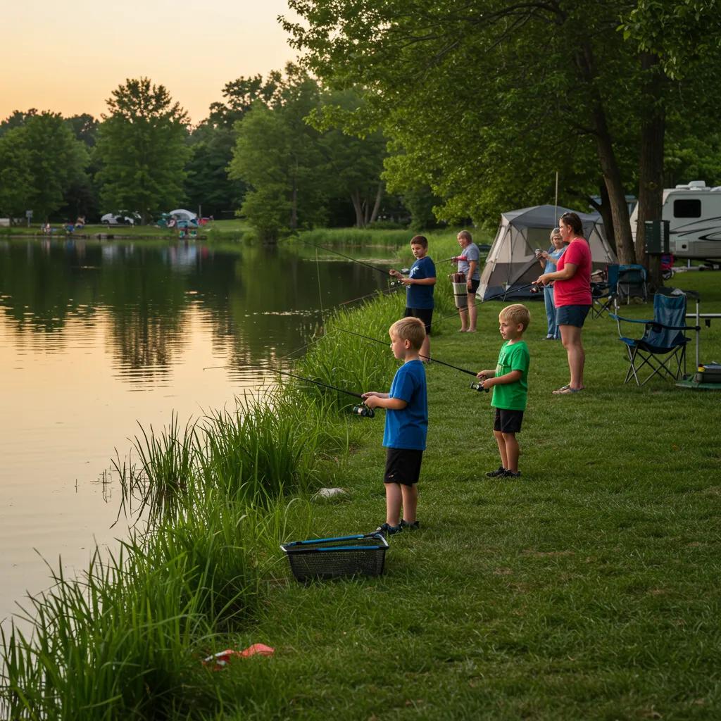 Family fishing at a Michigan campground with children and parents enjoying a lakeside adventure