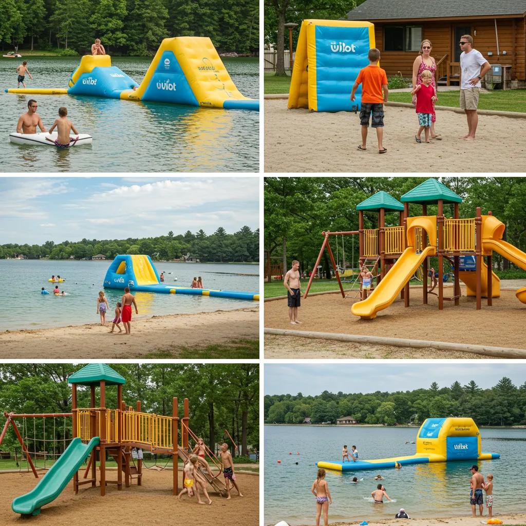 Family-friendly amenities at a lakeside cabin including playground and water park