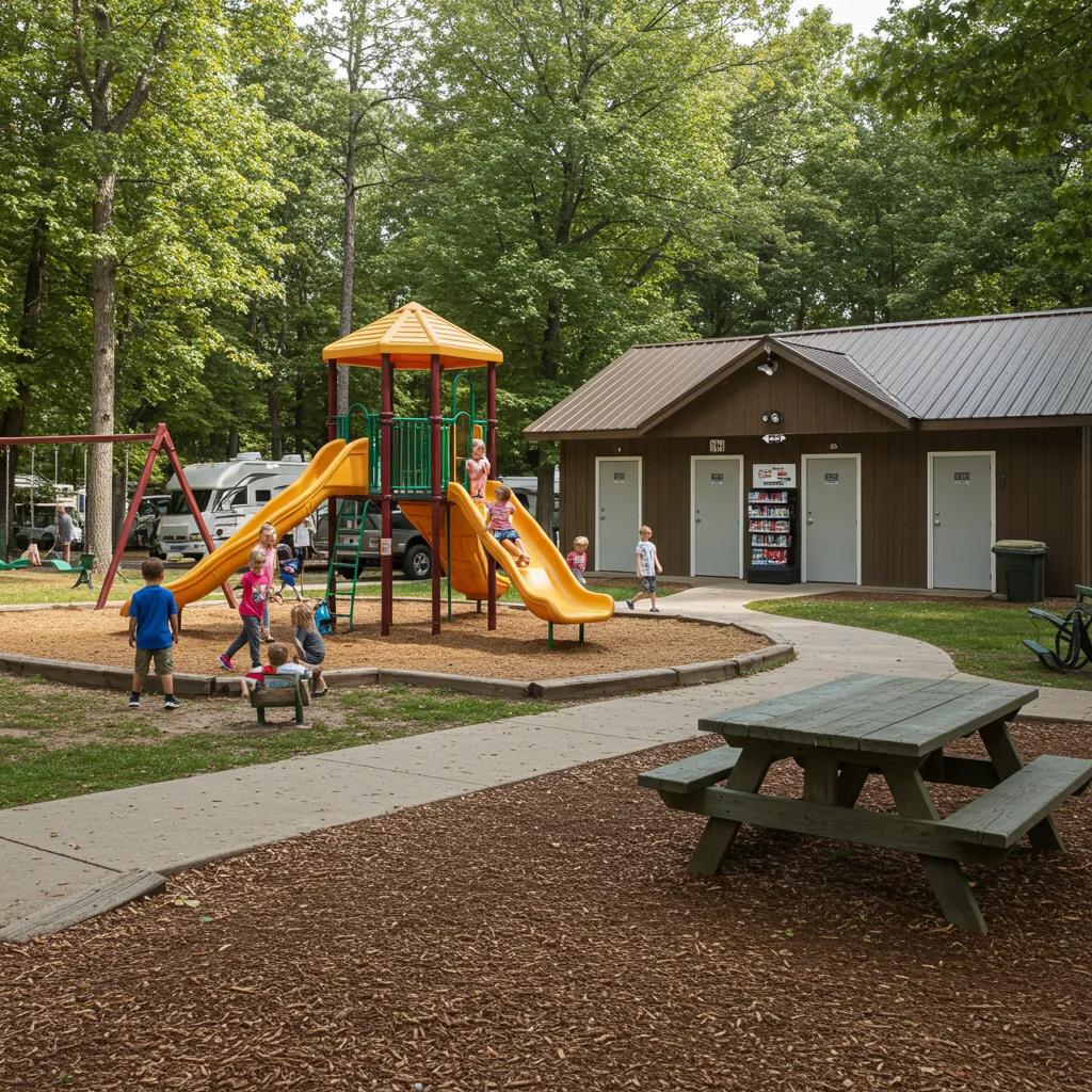 Family-friendly amenities at Camp Dearborn including playgrounds and renovated facilities