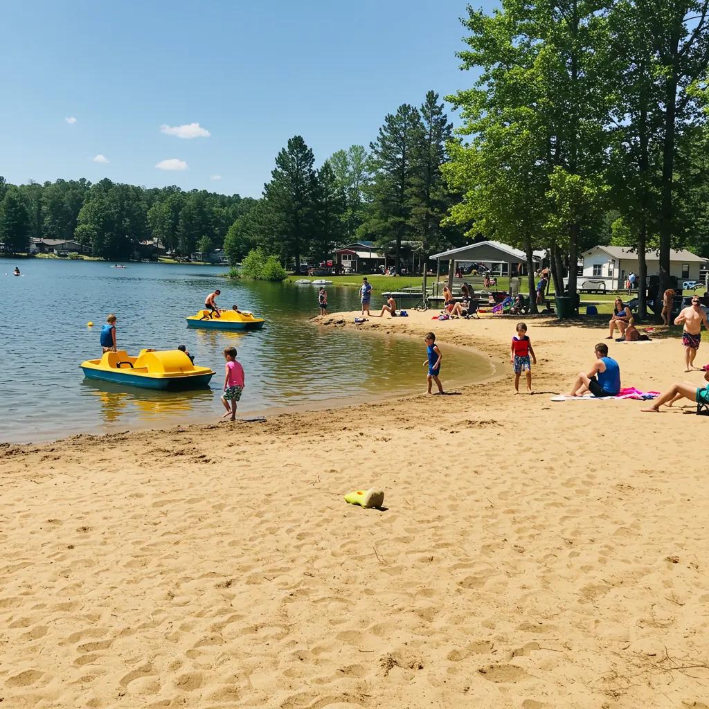 Family-friendly amenities at Ridge Ranch Campground, including a beach and paddleboats