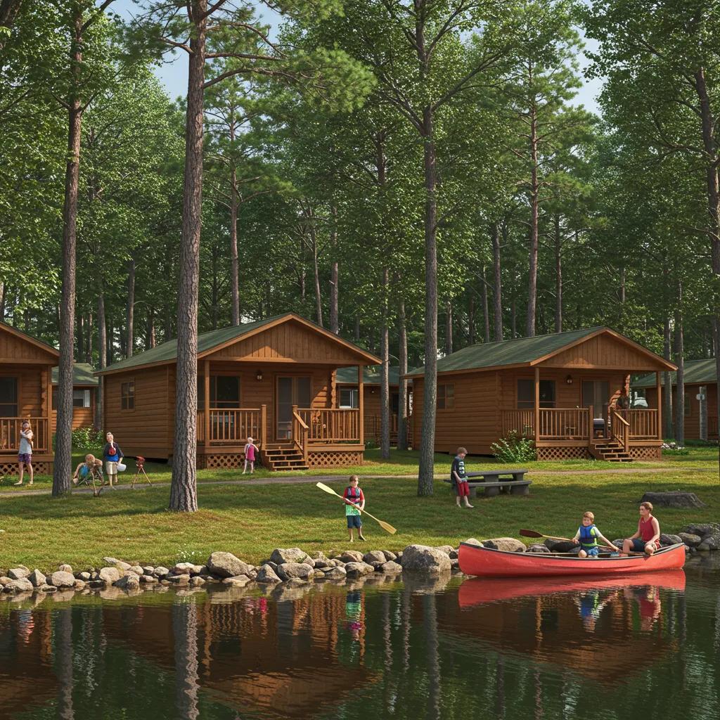 Family-friendly cabin campground with cozy cabins and families enjoying outdoor activities