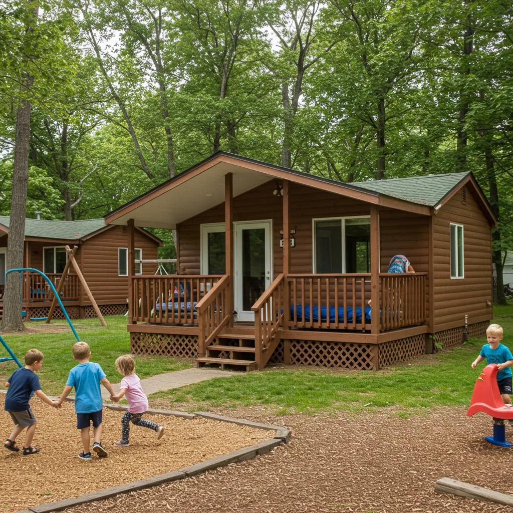 Family-friendly cabin in Michigan with children playing outside, perfect for family camping trips