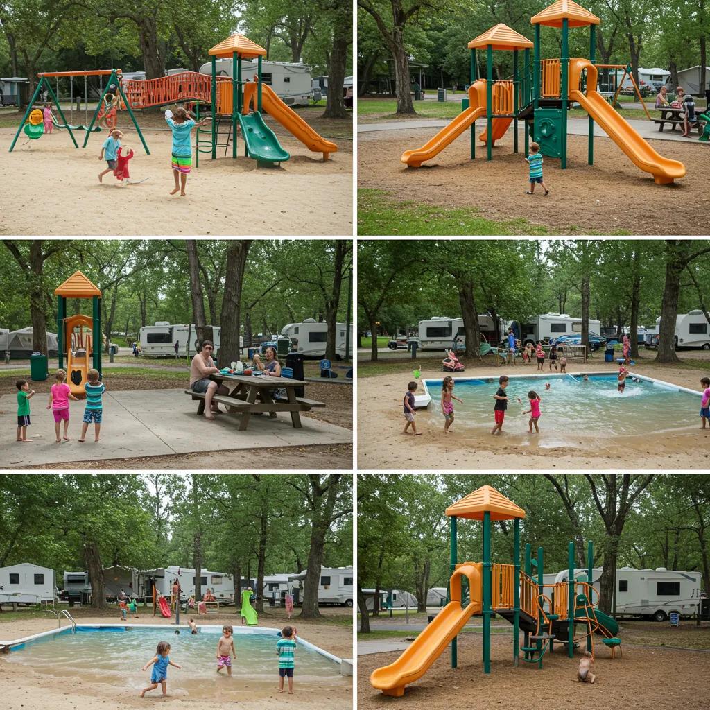 A vibrant campground scene showcasing family-friendly amenities like a playground and a refreshing swimming area