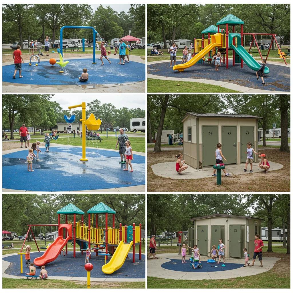 A vibrant campground scene showcasing a water play area and a playground bustling with activity