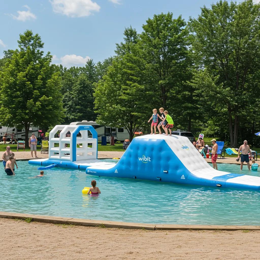 Family-friendly campground in Michigan with Wibit water park and families enjoying outdoor activities