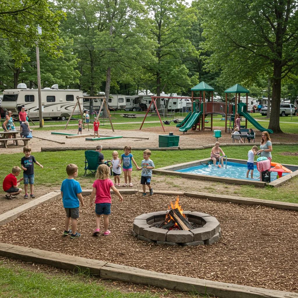 Family-friendly campground in Ohio with children playing and families enjoying activities
