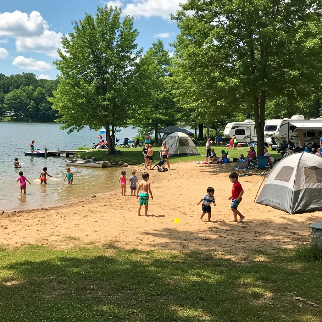 Family-friendly campground in Ohio with families enjoying lake activities and outdoor fun