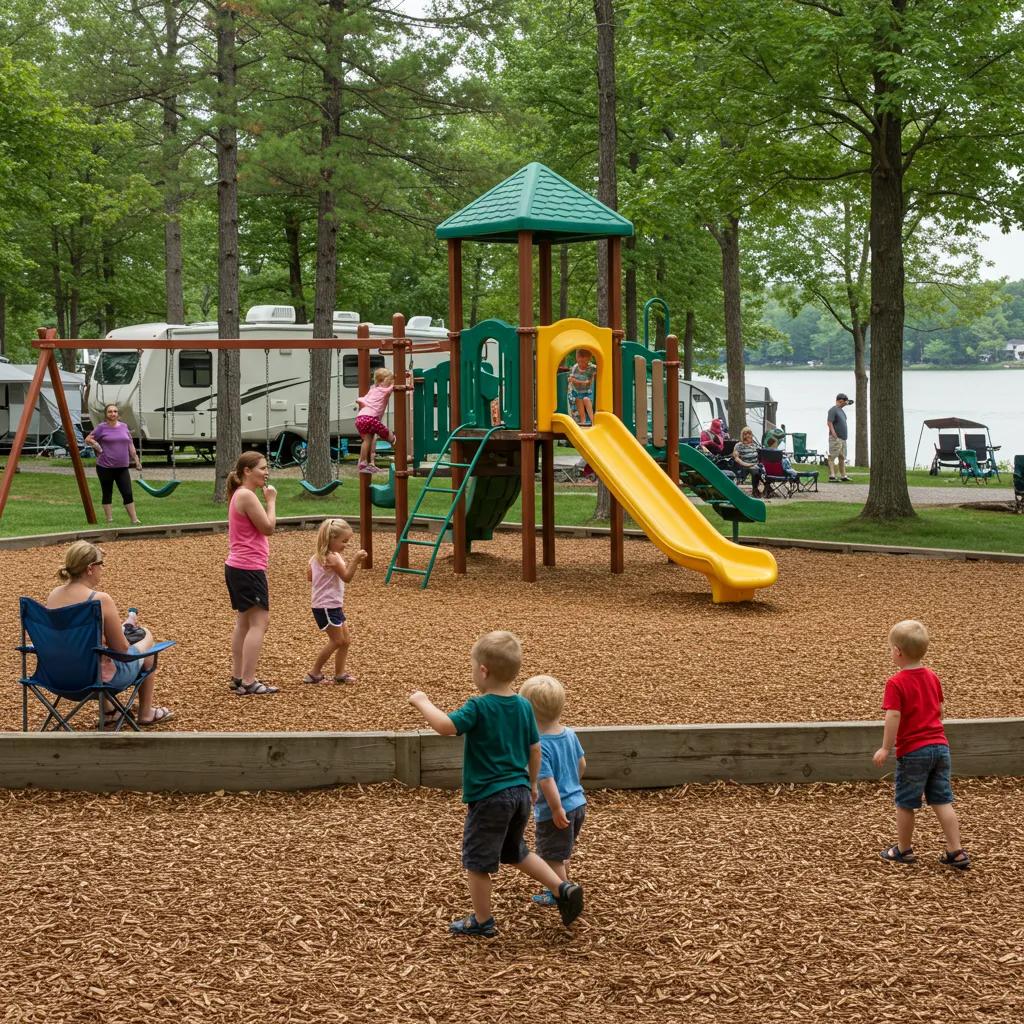 Family-friendly camping scene in Michigan with children playing and parents relaxing