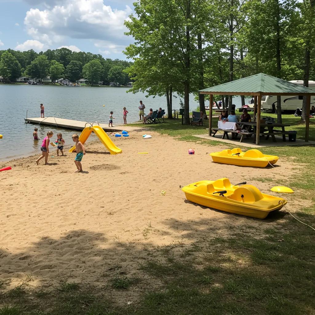 Family-friendly lakefront campground in Ohio with children playing on the beach and parents relaxing