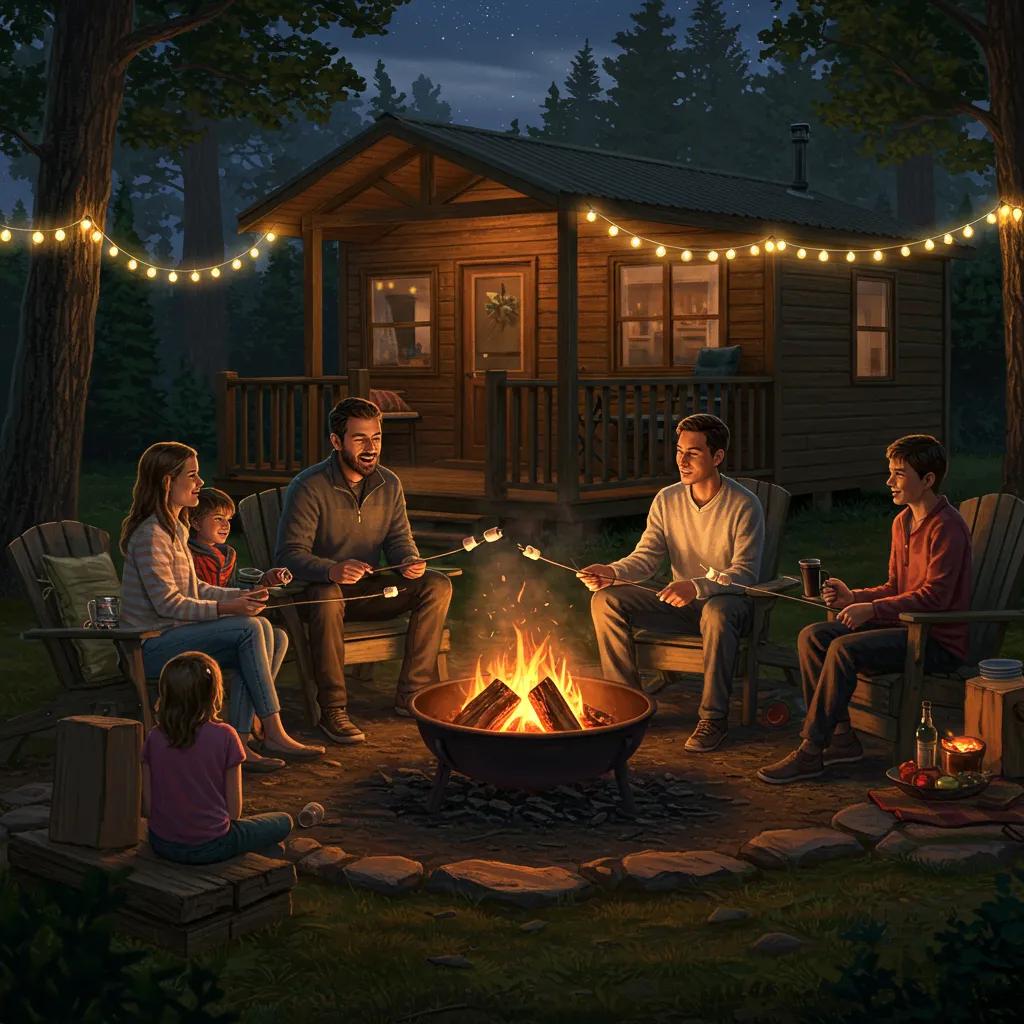 Family gathered around a campfire outside a seasonal cabin, enjoying quality time together