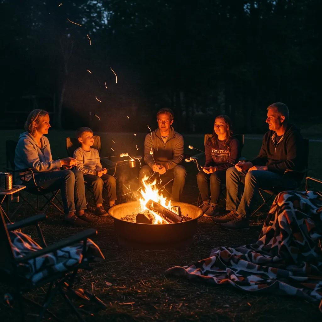 Family gathered around a campfire sharing stories and roasting marshmallows, creating memorable camping experiences