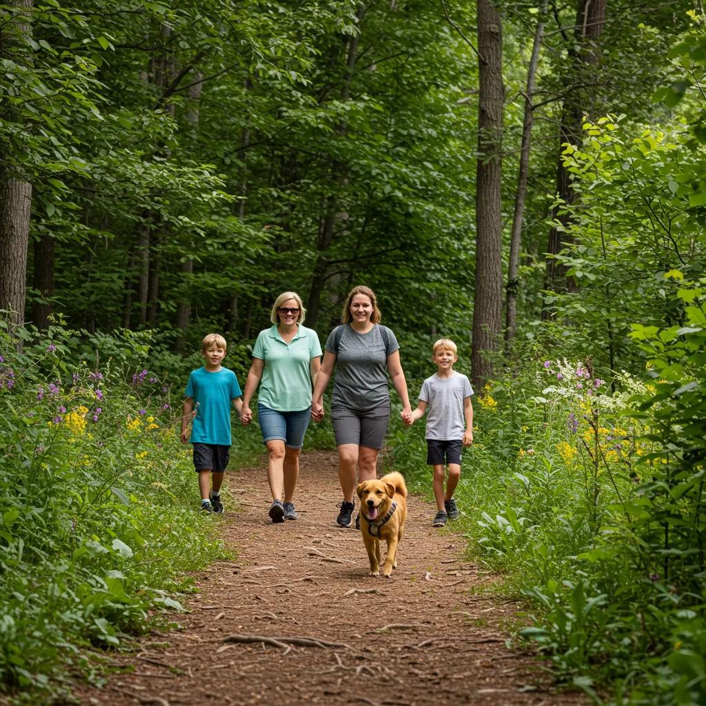 A family hiking with their dog on a beautiful Michigan trail, enjoying the great outdoors