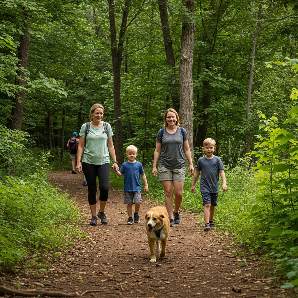 Family hiking with their dog on a beautiful Michigan trail, showcasing outdoor activities and pet-friendly camping experiences