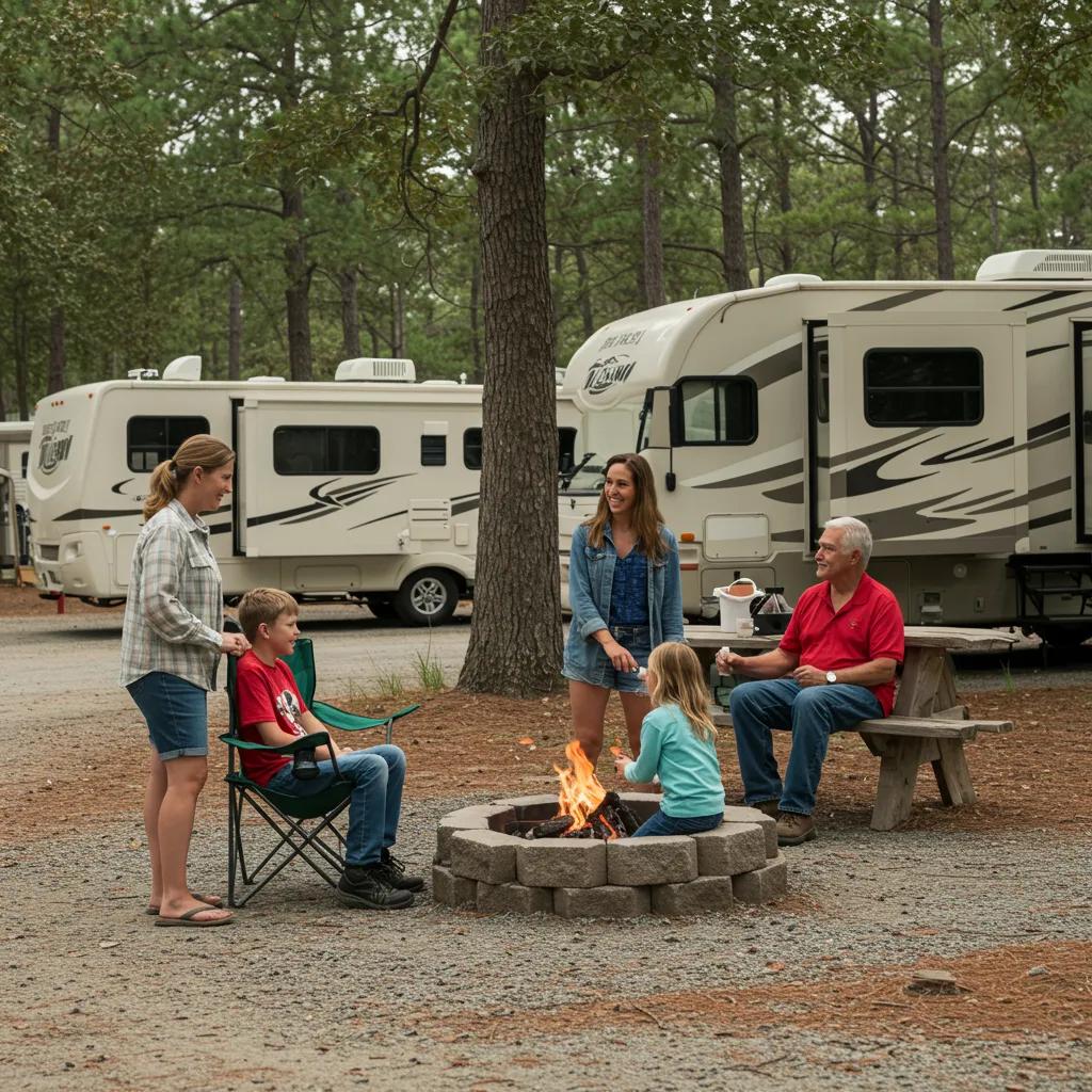 Family interacting with guests at an RV park, emphasizing community and stewardship