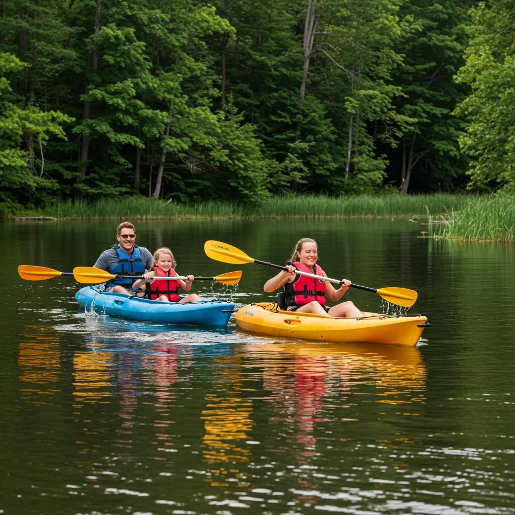 Family kayaking on a lake in Northern Michigan, surrounded by nature