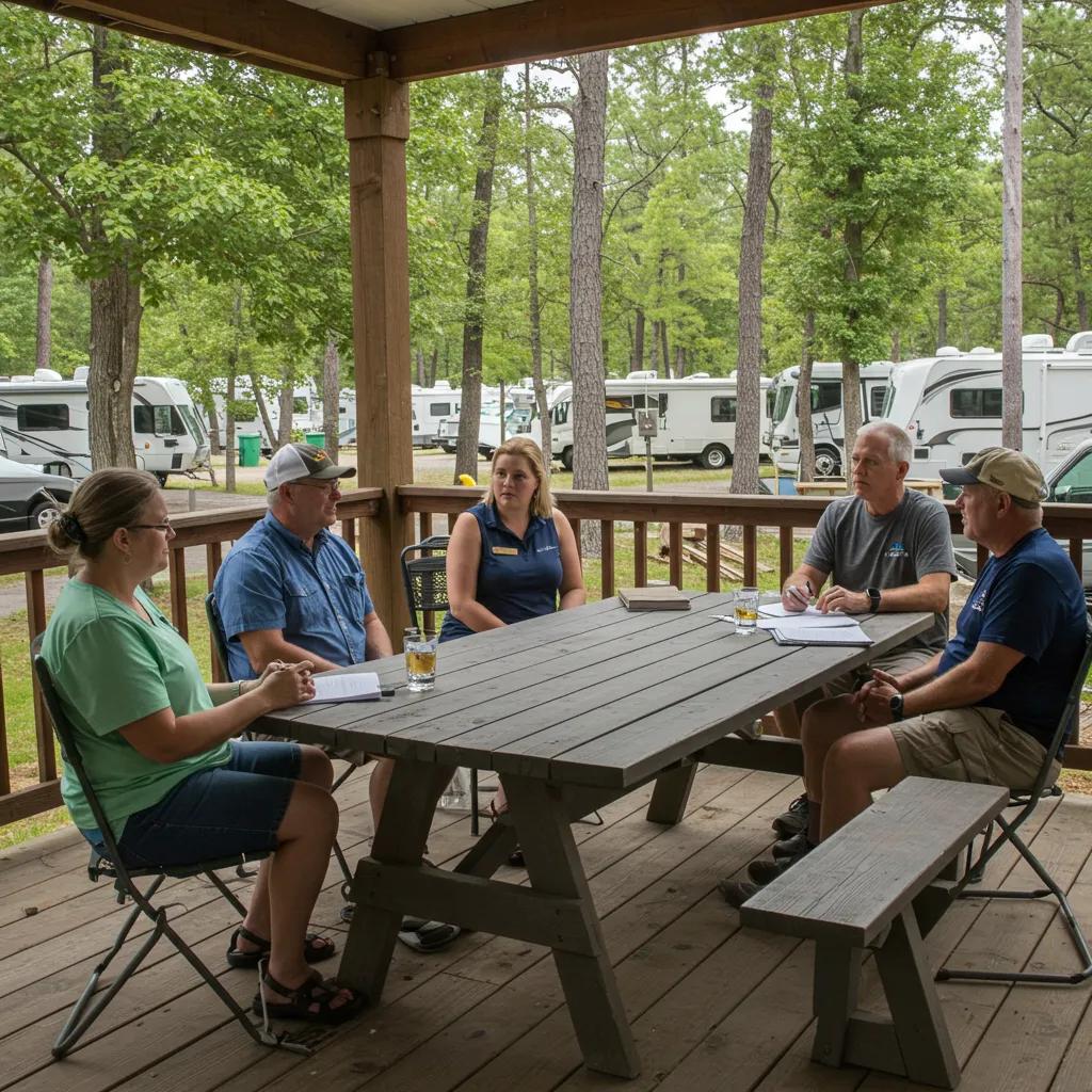 Family meeting at a campground discussing transition plans, highlighting stewardship and continuity in ownership