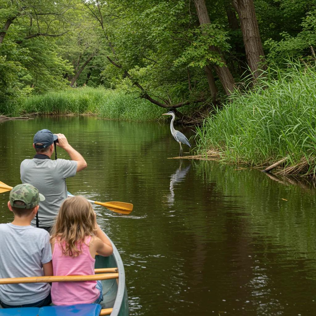 Family on a float trip observing wildlife along the Shiawassee River, with a heron in view