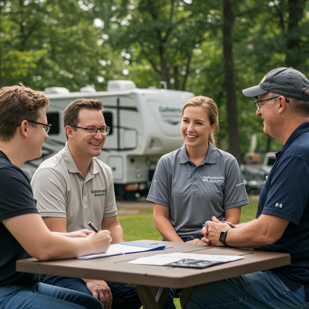 Family-oriented buyer team discussing campground acquisition with owners in a friendly outdoor setting