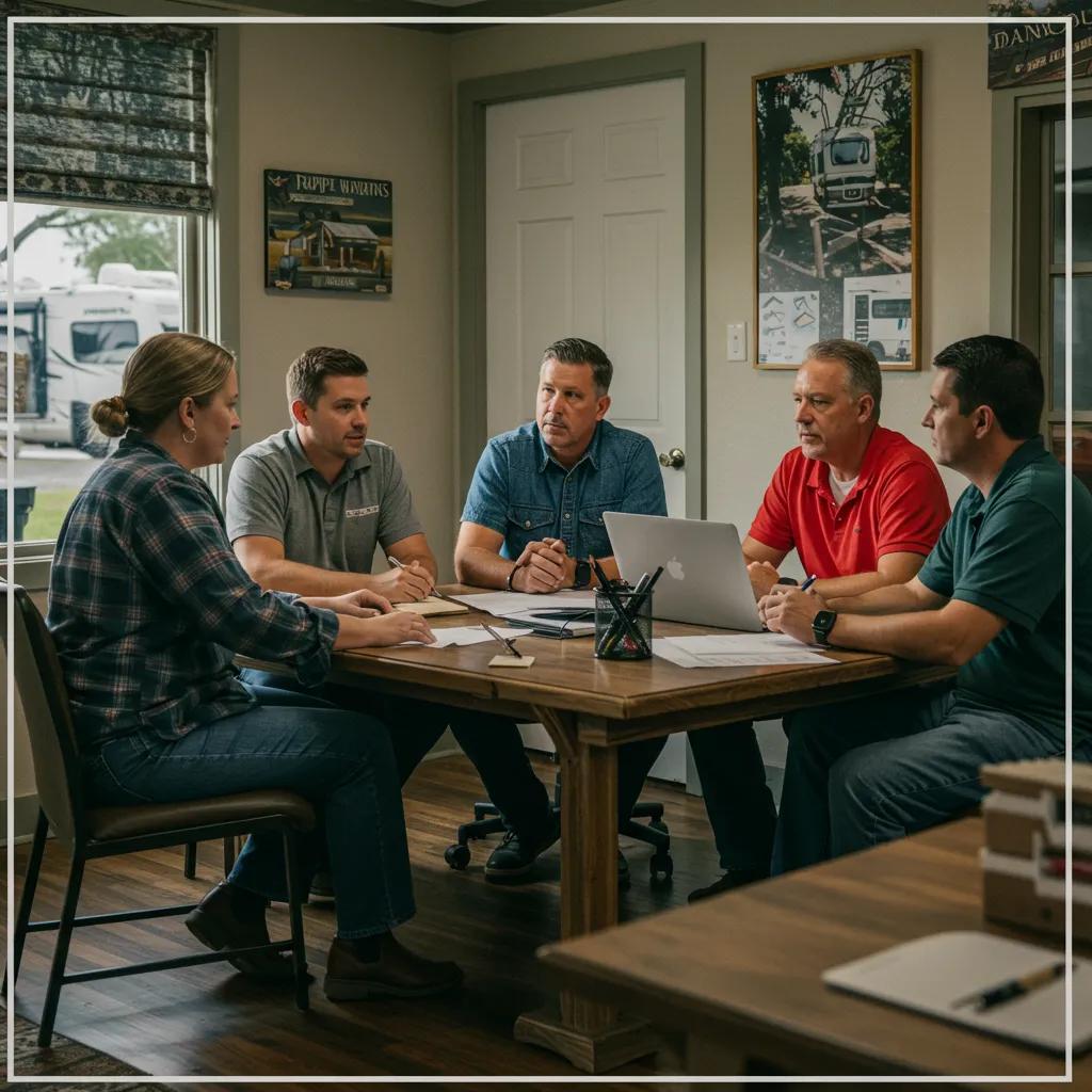 Family-owned business team discussing campground acquisition strategies