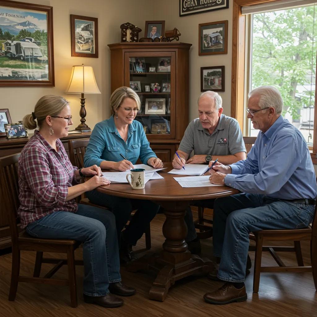 Family-owned business team discussing campground acquisitions in a welcoming office