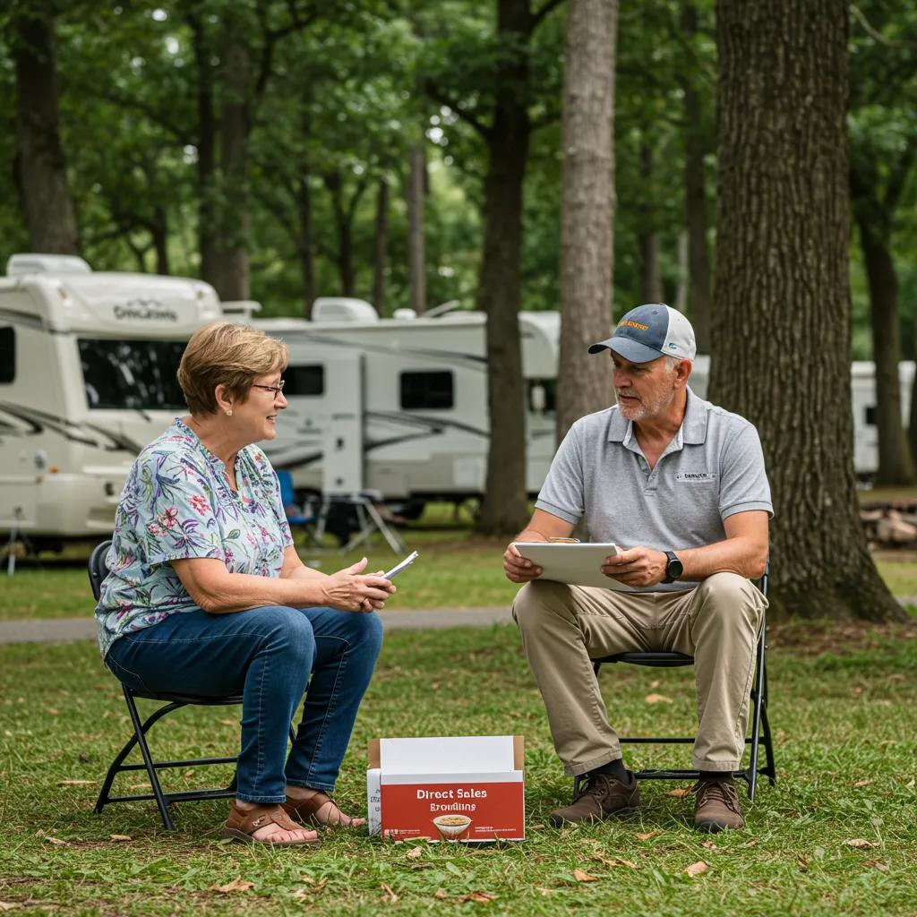 Family-owned buyer discussing campground sale with owner in a natural setting
