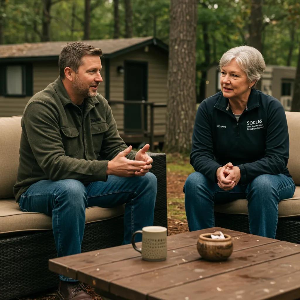 Family-owned campground operator engaging with a seller, illustrating the benefits of direct sales in campground transactions