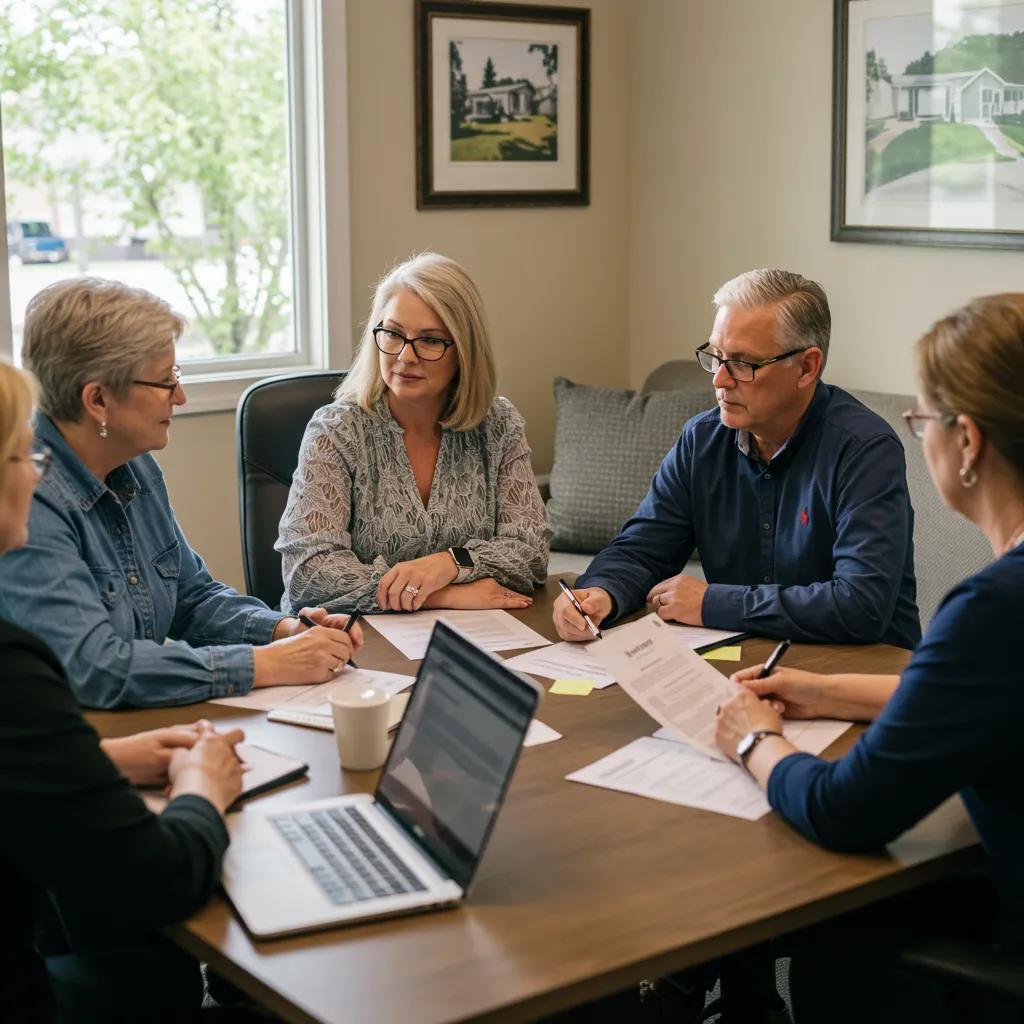Family-owned team discussing RV resort acquisitions in a collaborative office environment