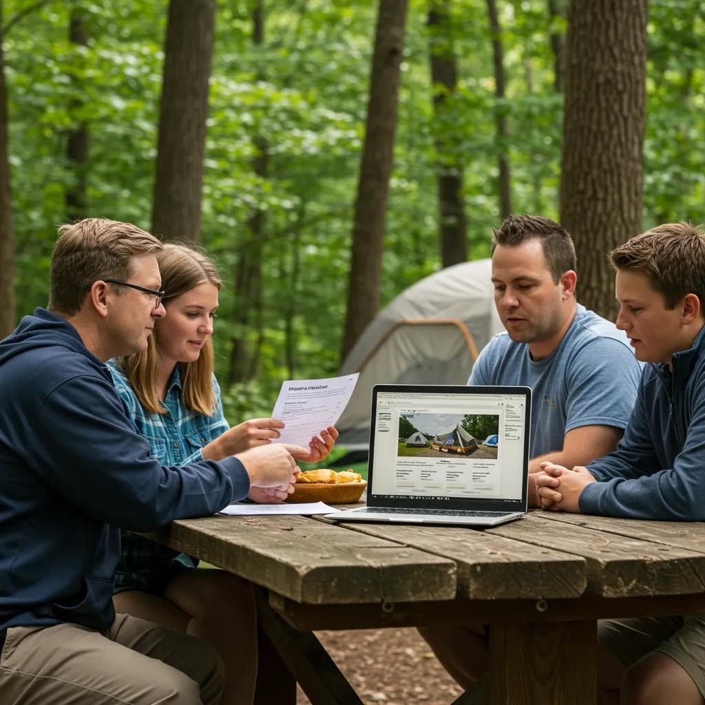 A family planning their group camping budget at a picnic table in an Ohio State Park
