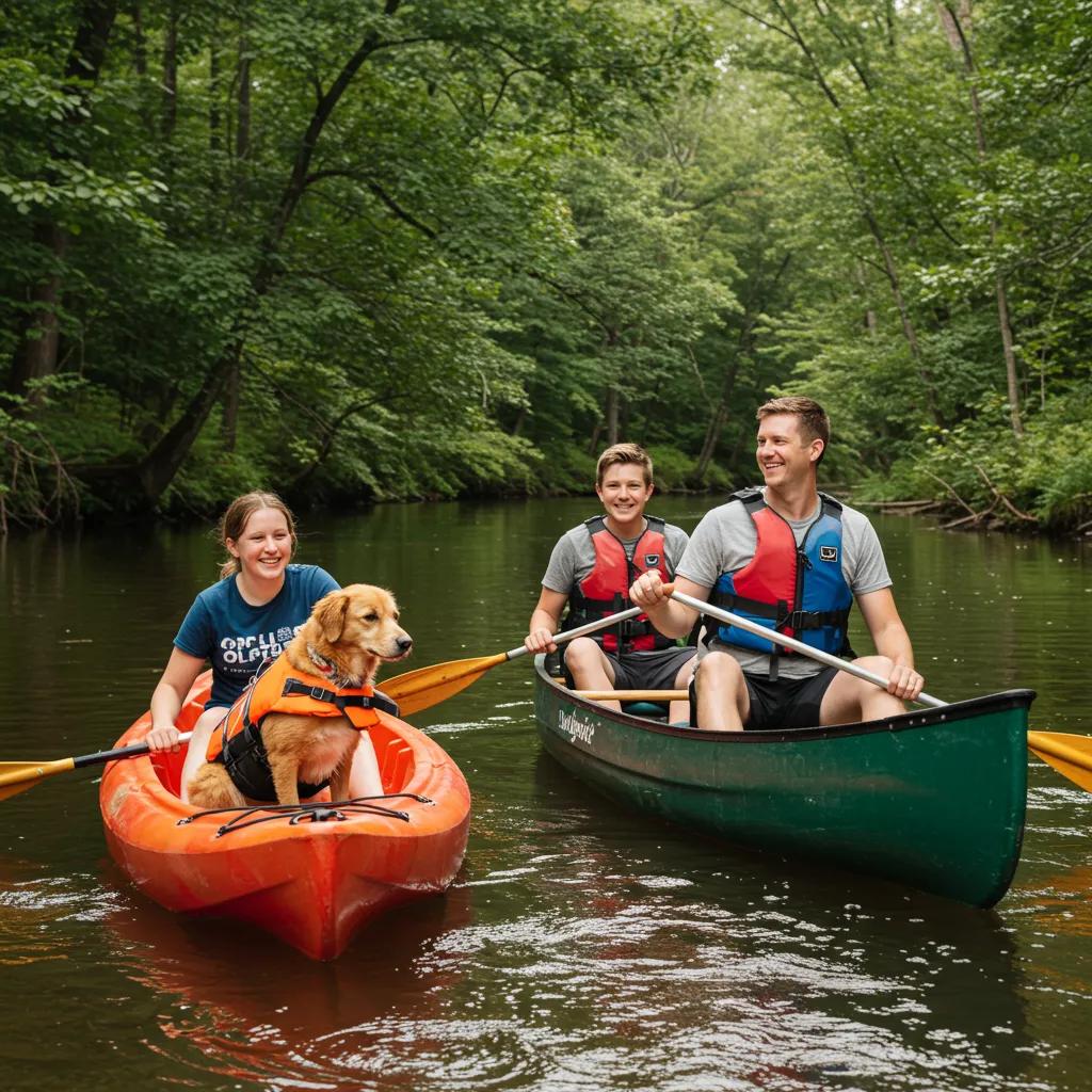 Family enjoying a river float trip with their dog at a pet-friendly Michigan campground