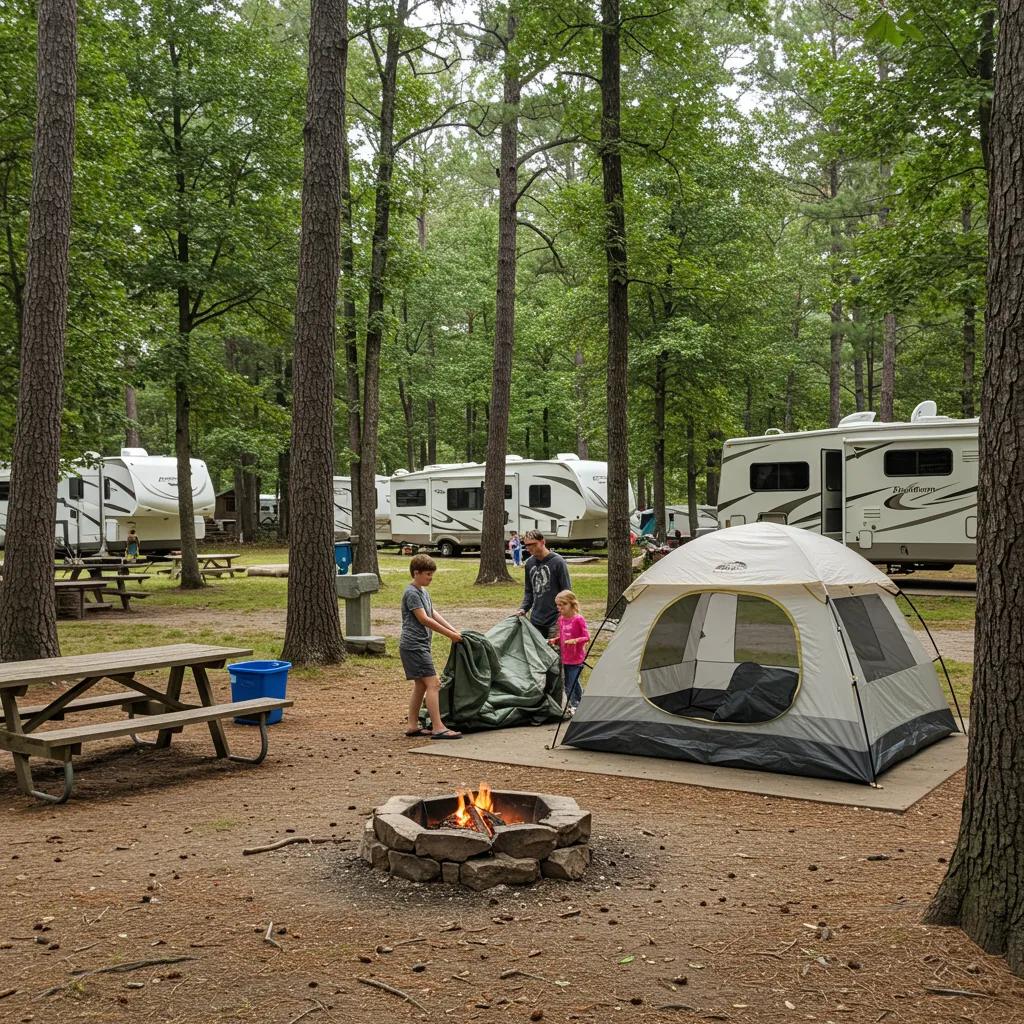Family setting up a tent at Camp Dearborn campsite surrounded by nature