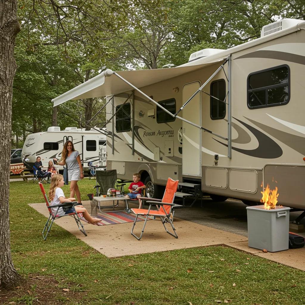 A family happily setting up their RV at a campground with children playing nearby