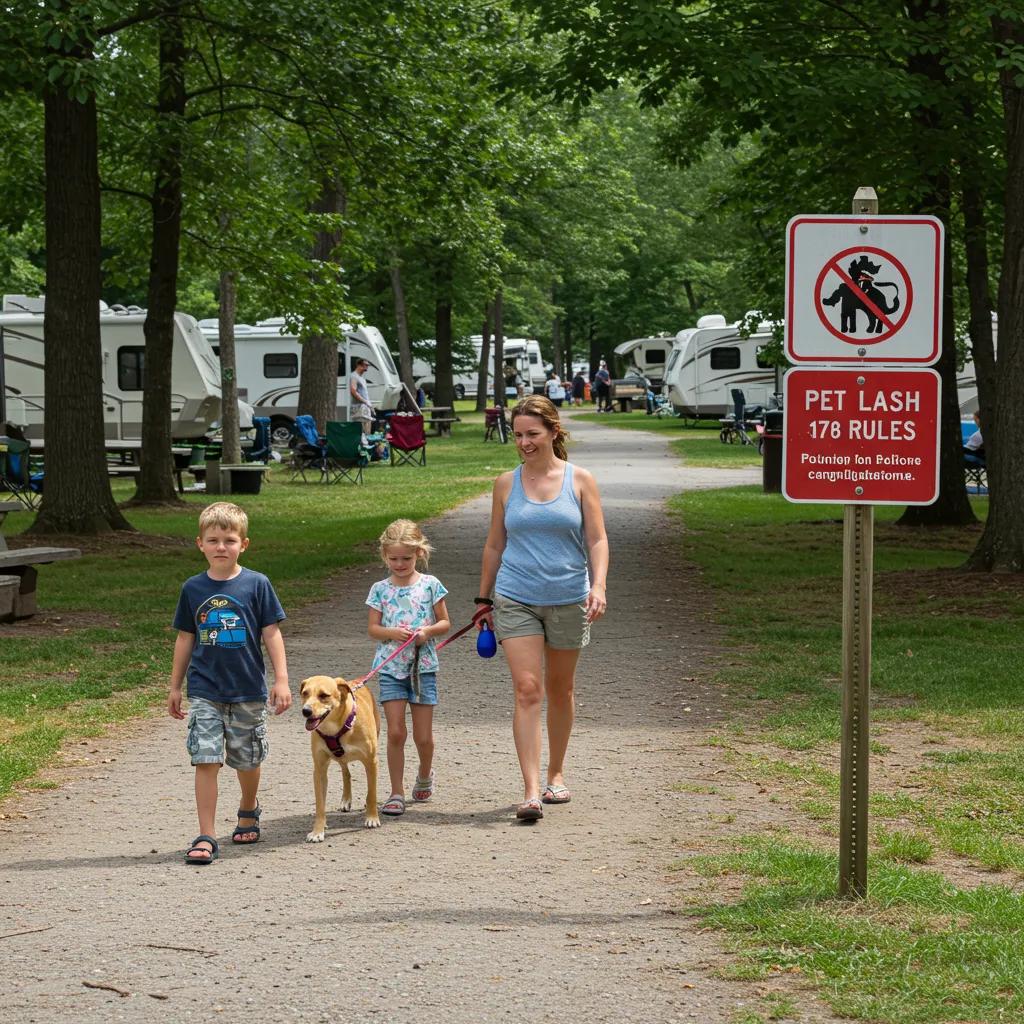 Family with a dog at a Michigan campground, emphasizing pet policies and responsible camping practices