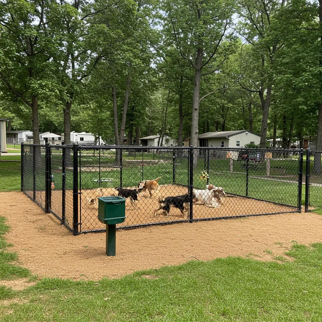 Fenced dog park at a pet-friendly campground with dogs playing