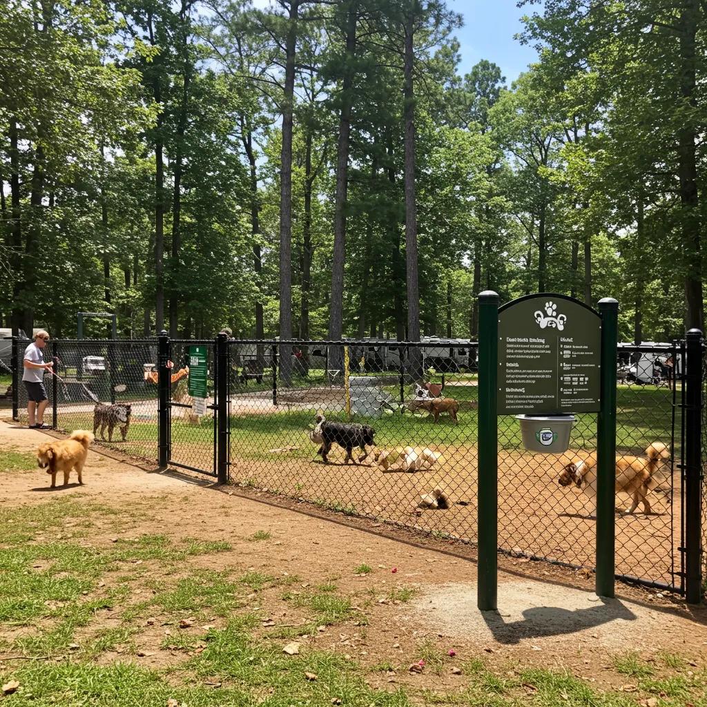 Fenced dog park with dogs playing and pet amenities at a campground
