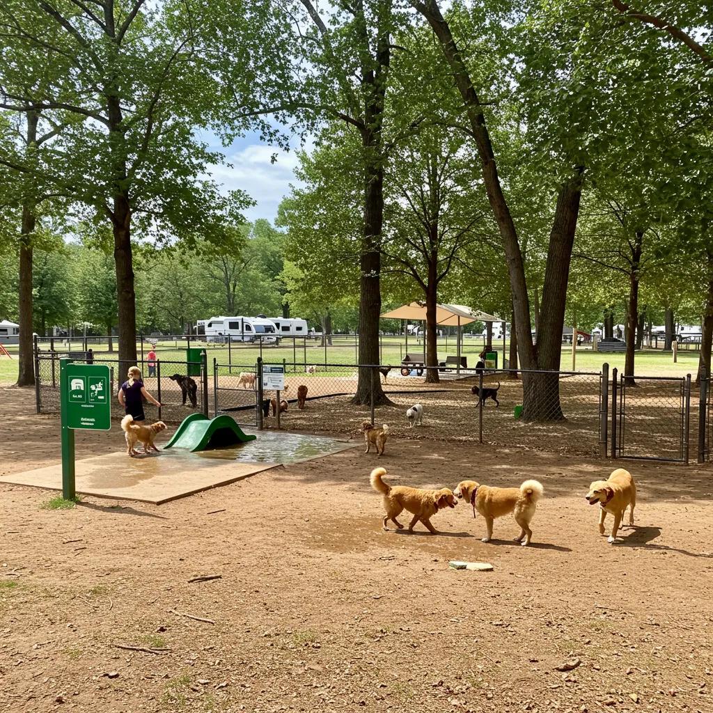 A secure, fenced-in dog park with happy dogs playing and a water feature