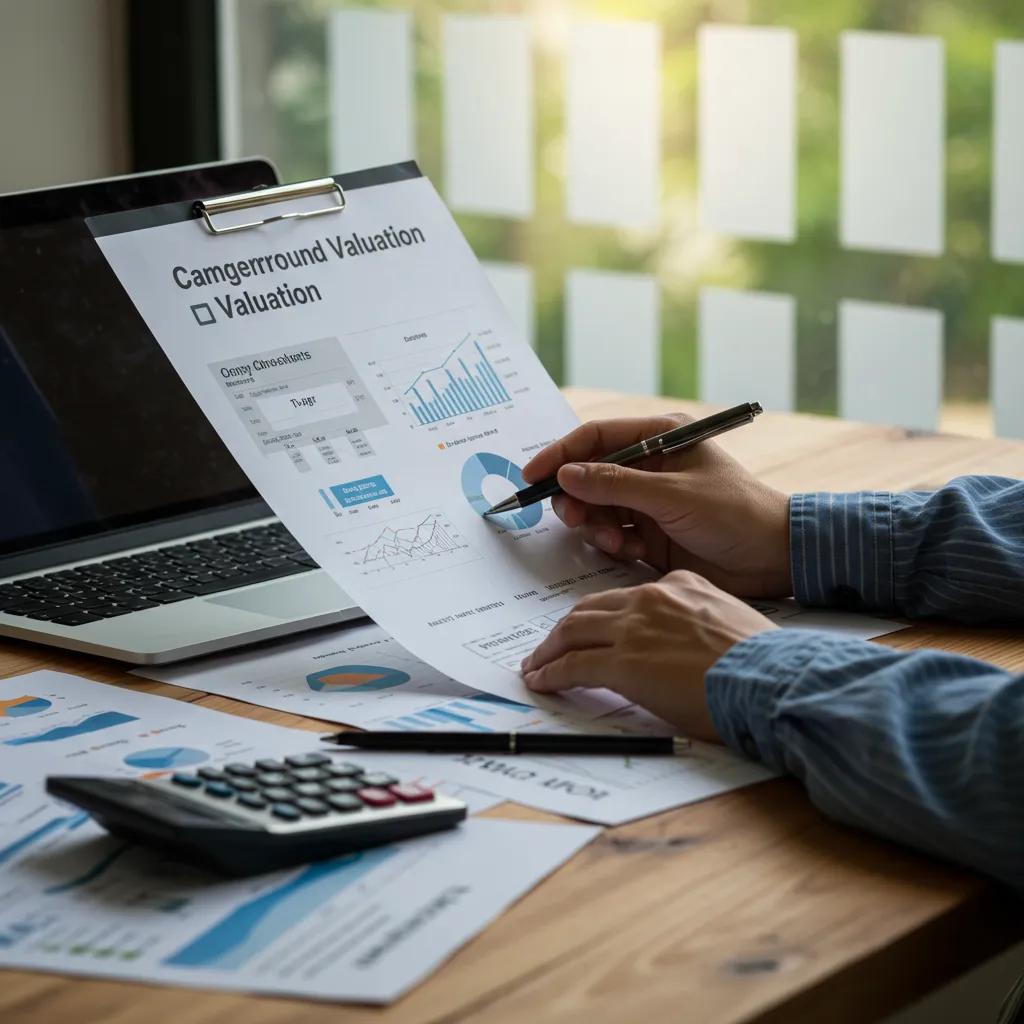 Financial analyst reviewing campground valuation metrics in a cozy office setting
