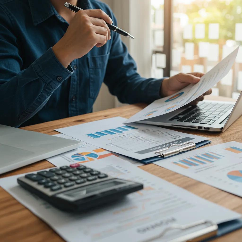 Financial analyst reviewing RV park operational documents and metrics