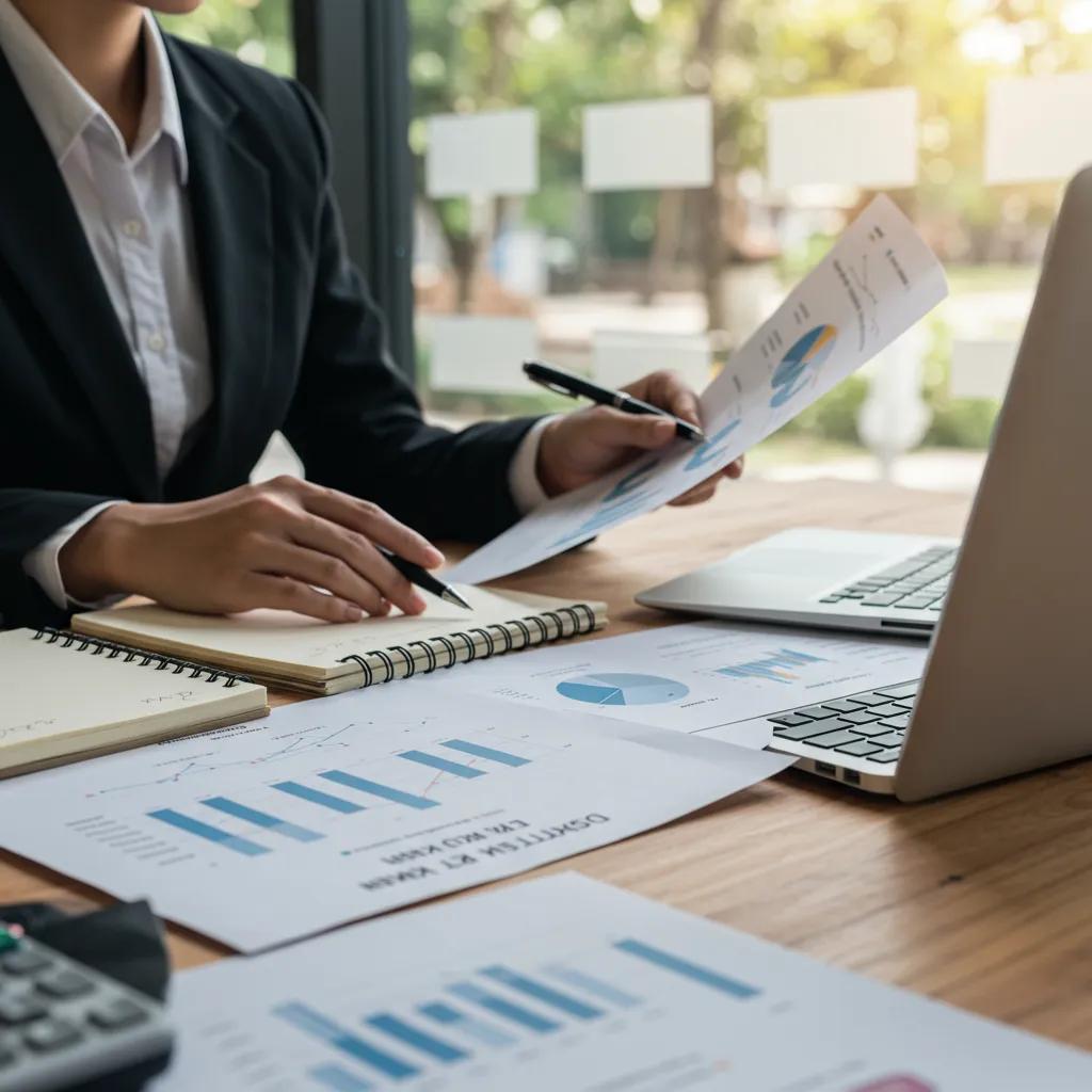 Financial analyst reviewing RV park valuation documents with charts