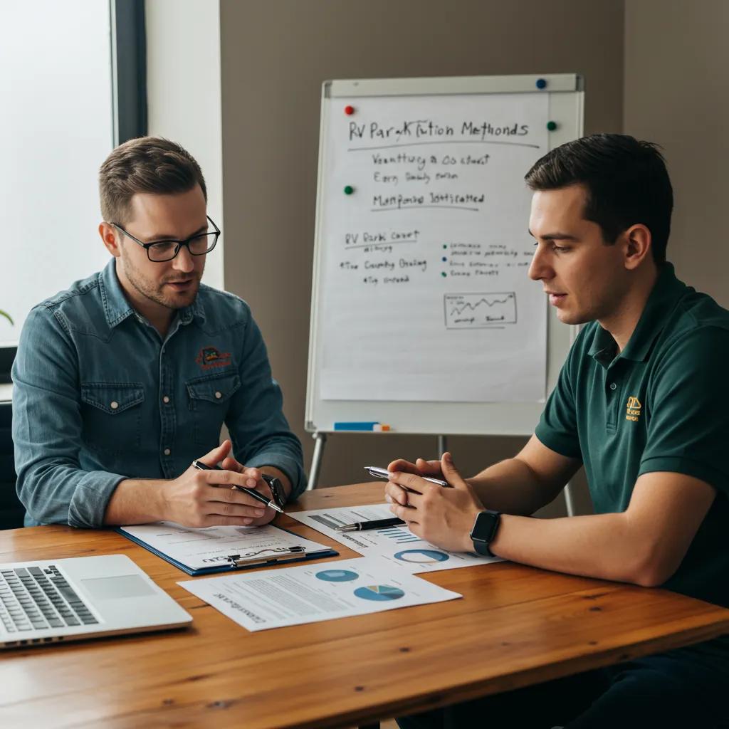 Financial consultant discussing RV park valuation methods with a campground owner in a cozy office