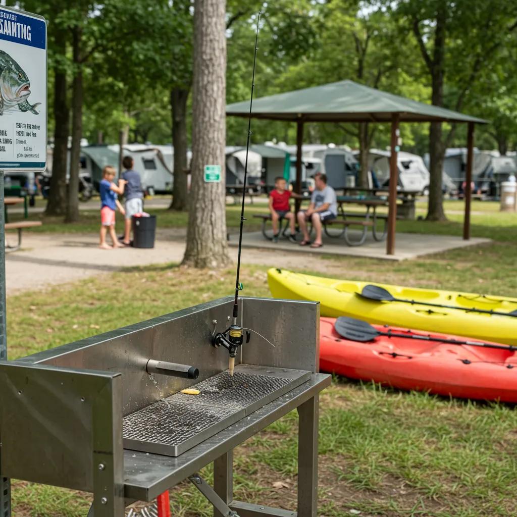 Family campground amenities designed for fishing, including boat rentals and fish cleaning stations