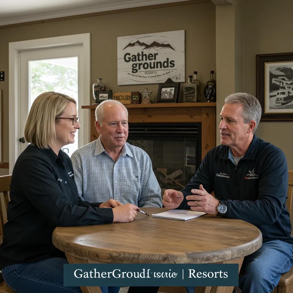 Friendly conversation between campground owner and GatherGrounds representative in a welcoming setting