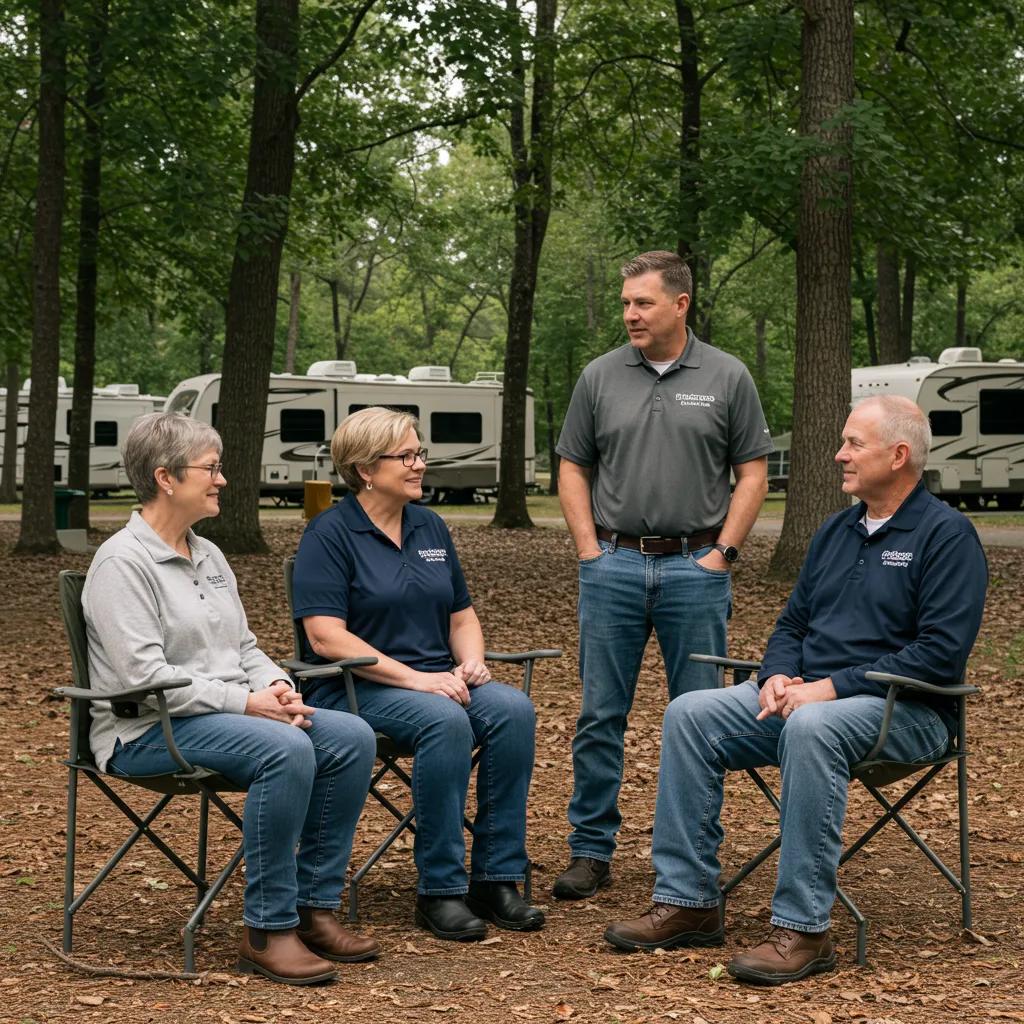 The GatherGrounds team discusses direct sale benefits with campground owners outdoors
