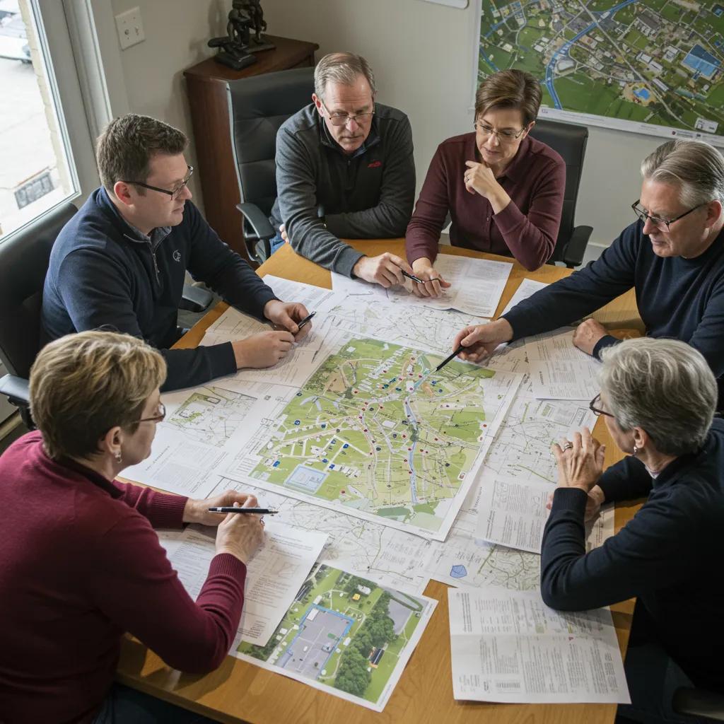 Group of buyers discussing campground features with maps and plans, emphasizing buyer priorities