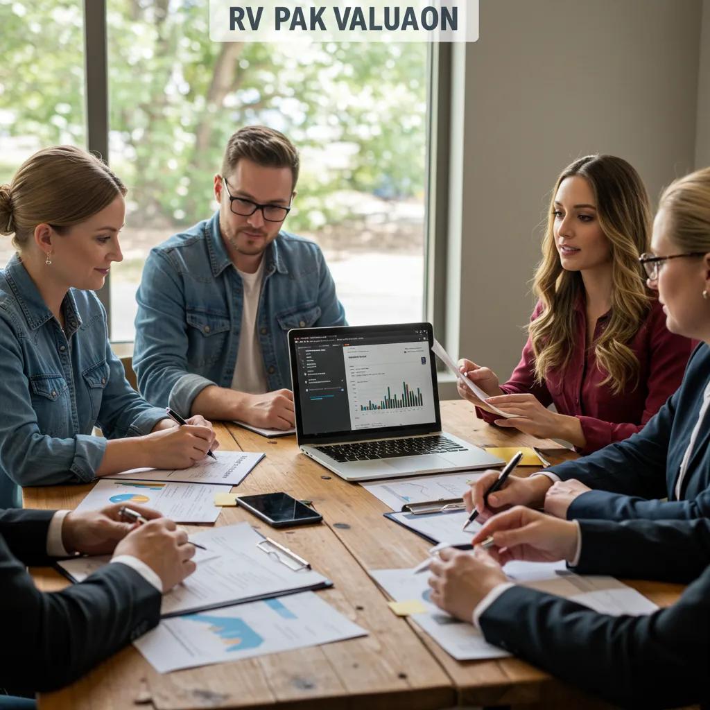 Group of professionals discussing RV park valuation metrics, emphasizing collaboration in achieving accurate pricing