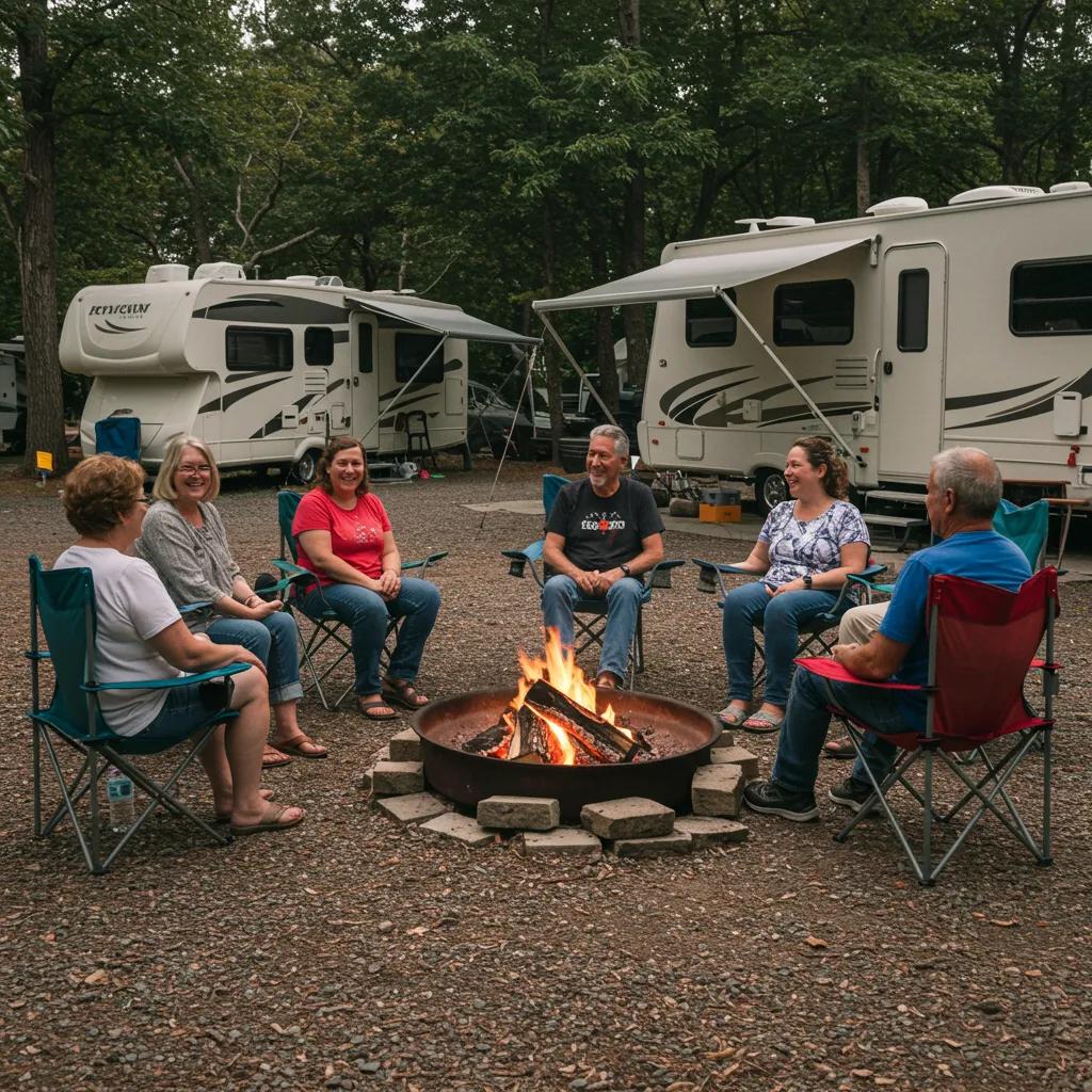 Happy campers around a campfire, representing positive guest experiences and reviews