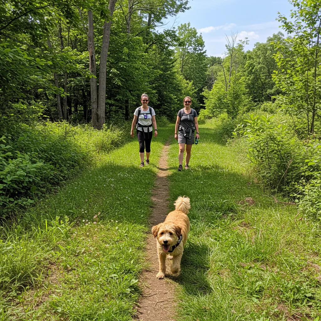 Happy dog and owner hiking on a scenic trail in Michigan, showcasing dog-friendly outdoor adventures