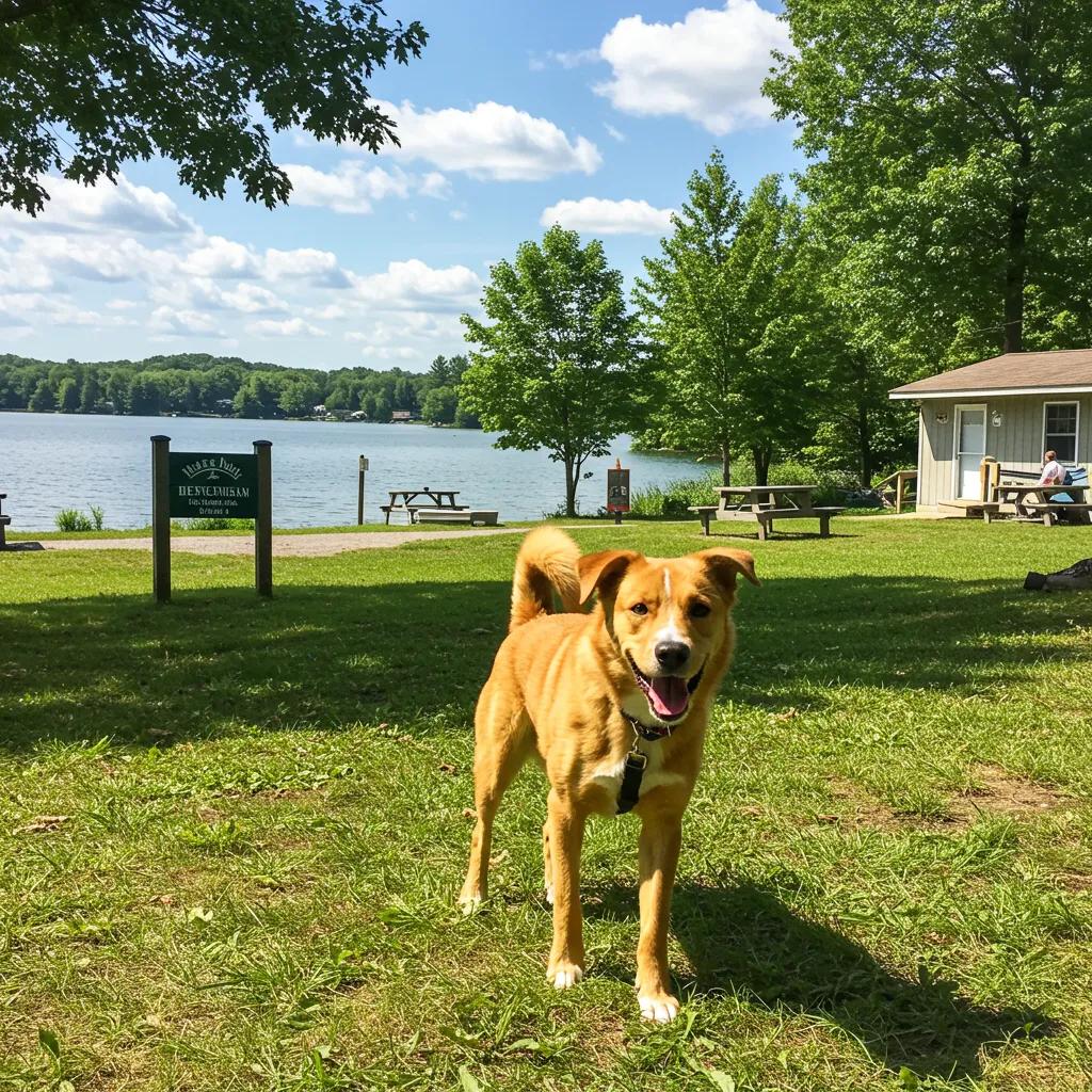 Happy dog playing at a Michigan campground near a lake, showcasing dog-friendly outdoor adventures